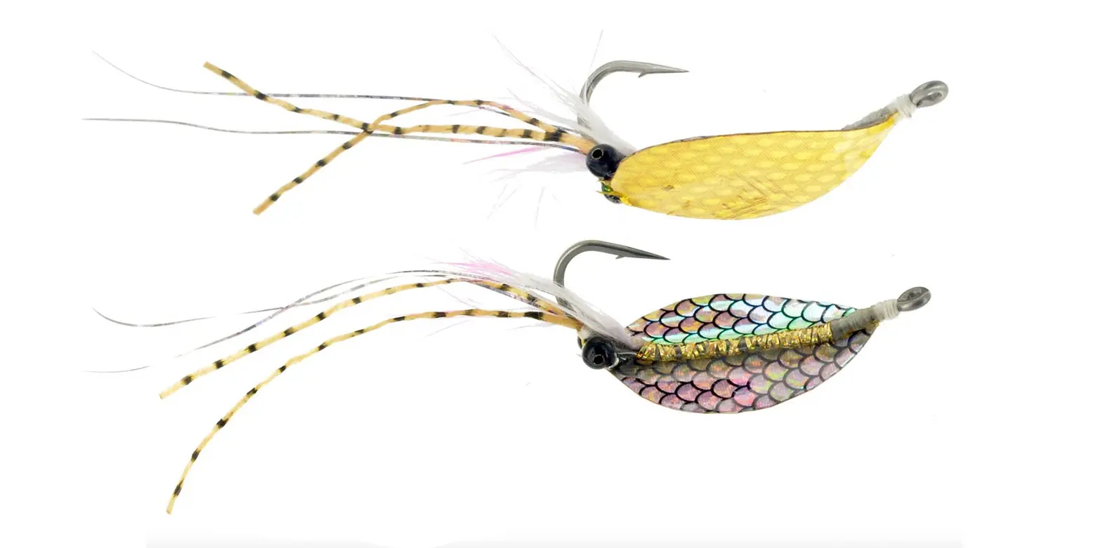 A pair of Spoon Fly fly patterns on a white background