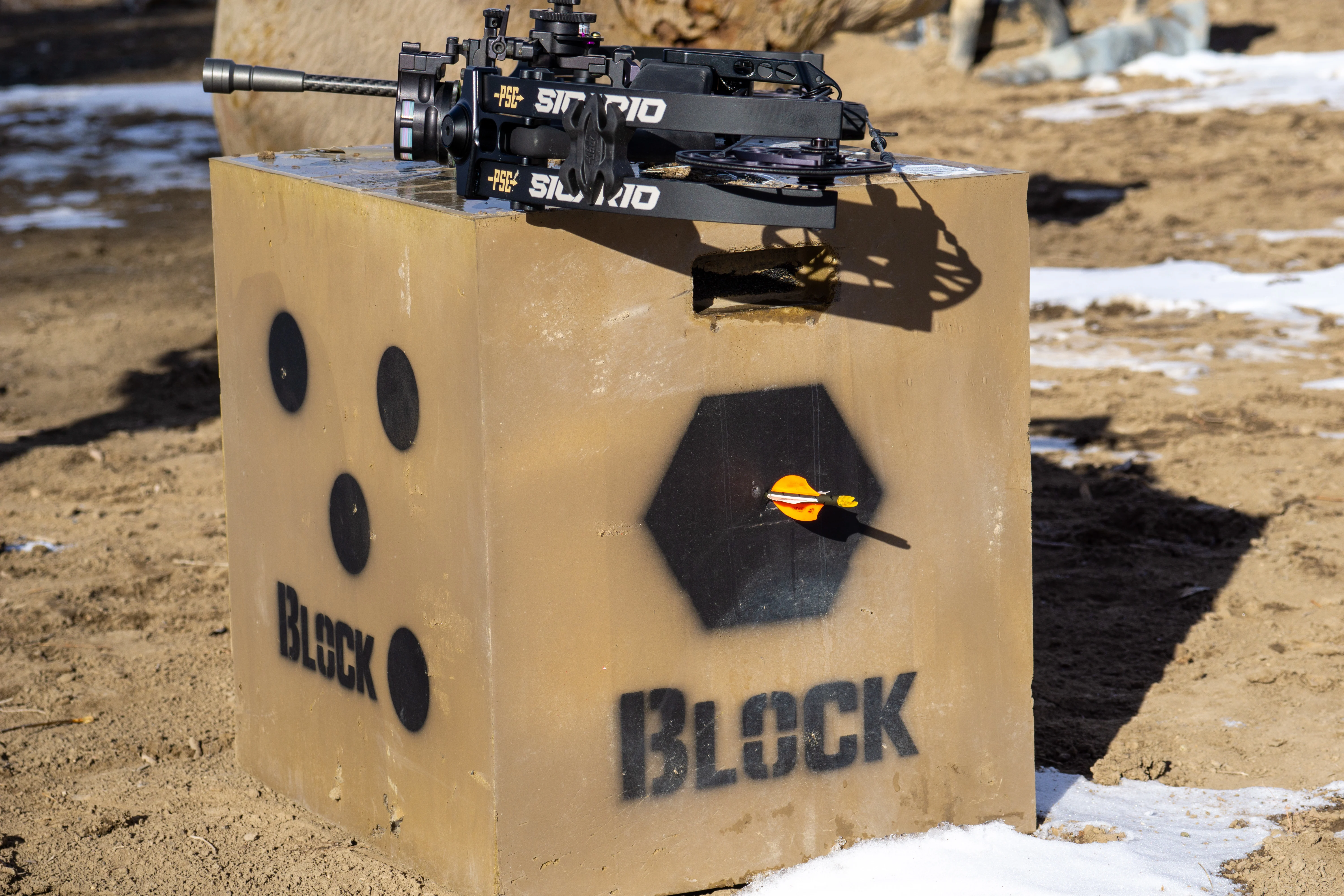 A arrow shot deeply into a blow target with the new PSE Sicario bow.