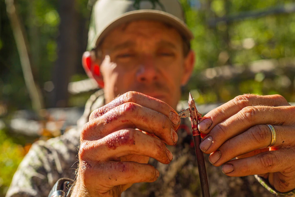 Hunter holding bloody SEVR Titanium 1.5 Broadhead