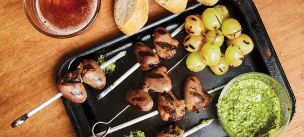 skewered and grilled duck hearts