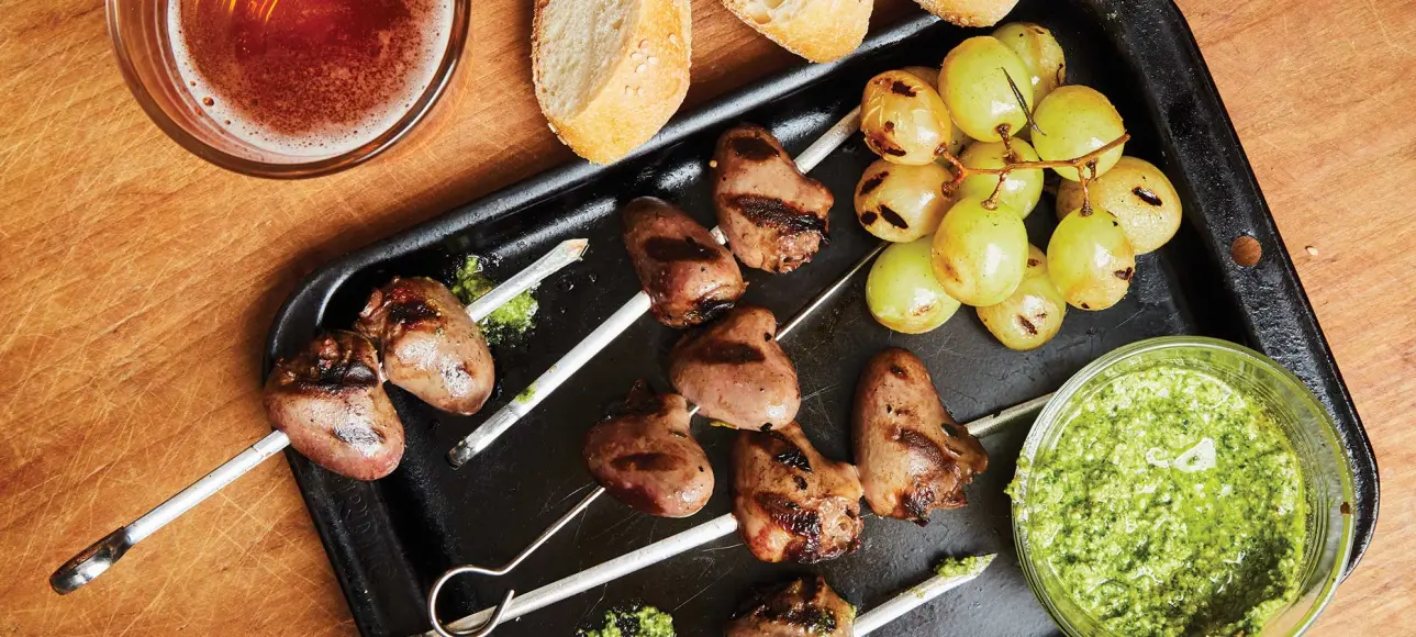 skewered and grilled duck hearts