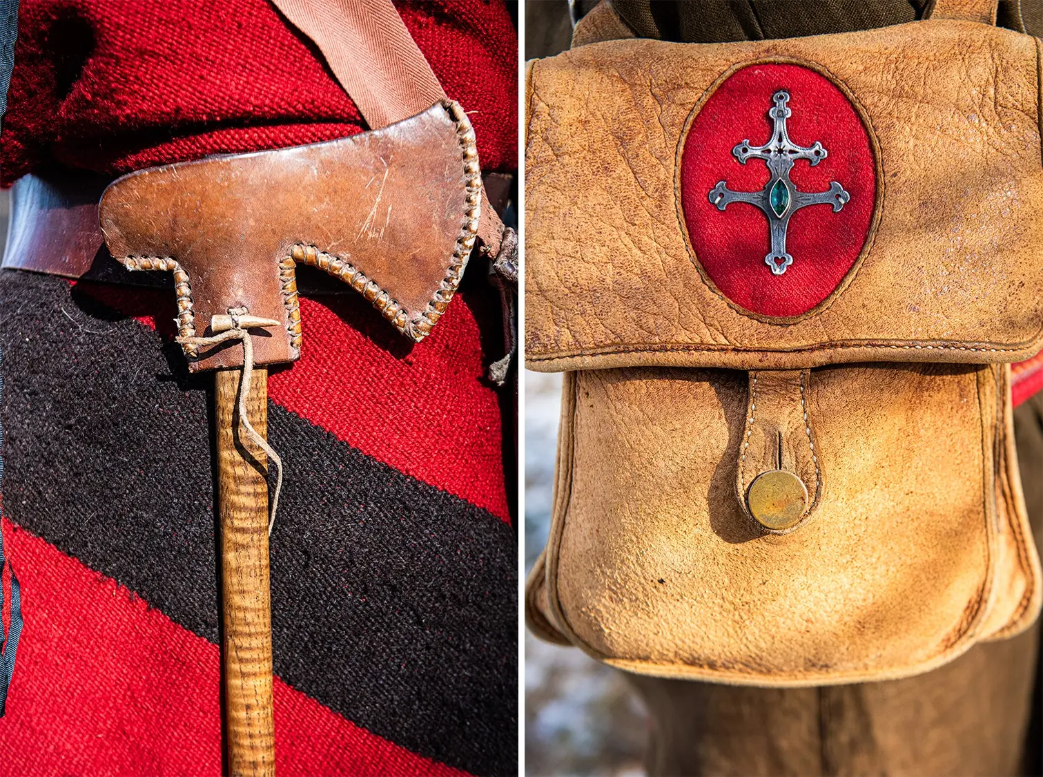 A small leather-sheathed hatchet and leather bag carried by flintlock hunter