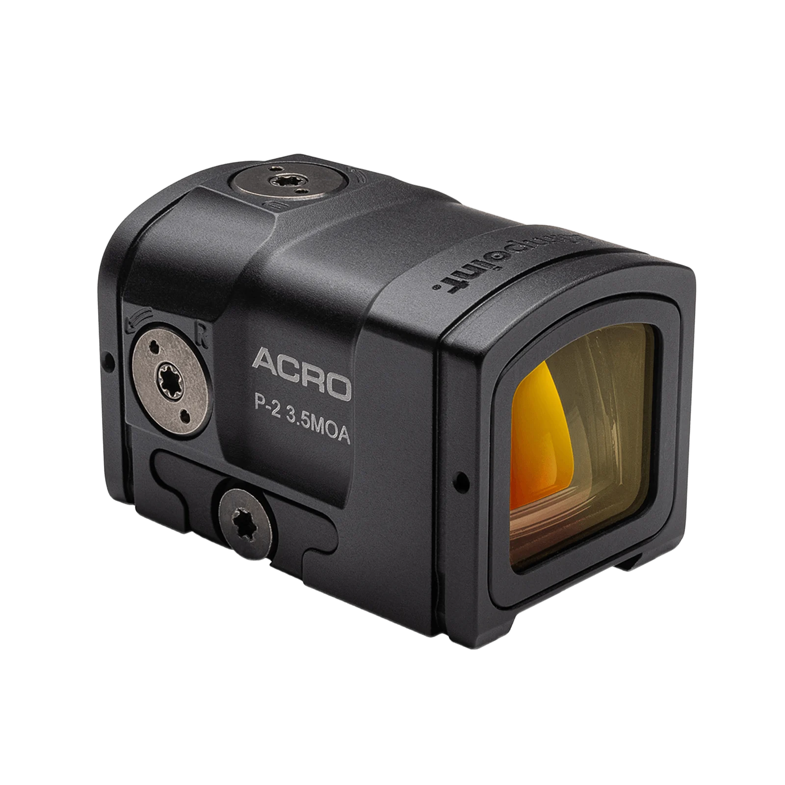 The Aimpoint ACRO P-2 red dot sight on white.