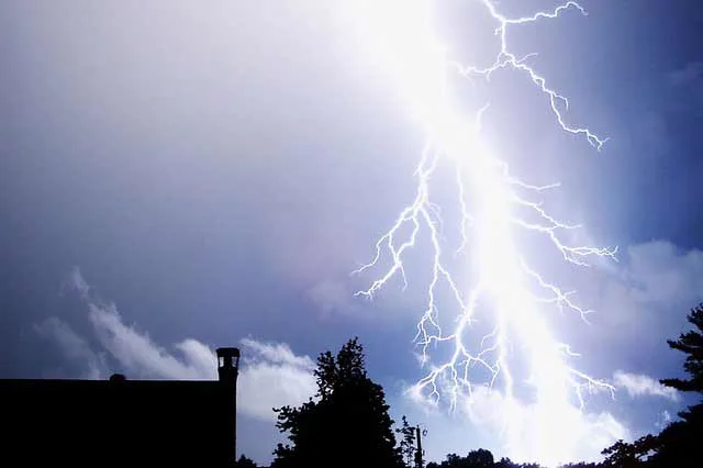 a large bolt of lightning across a blue sky