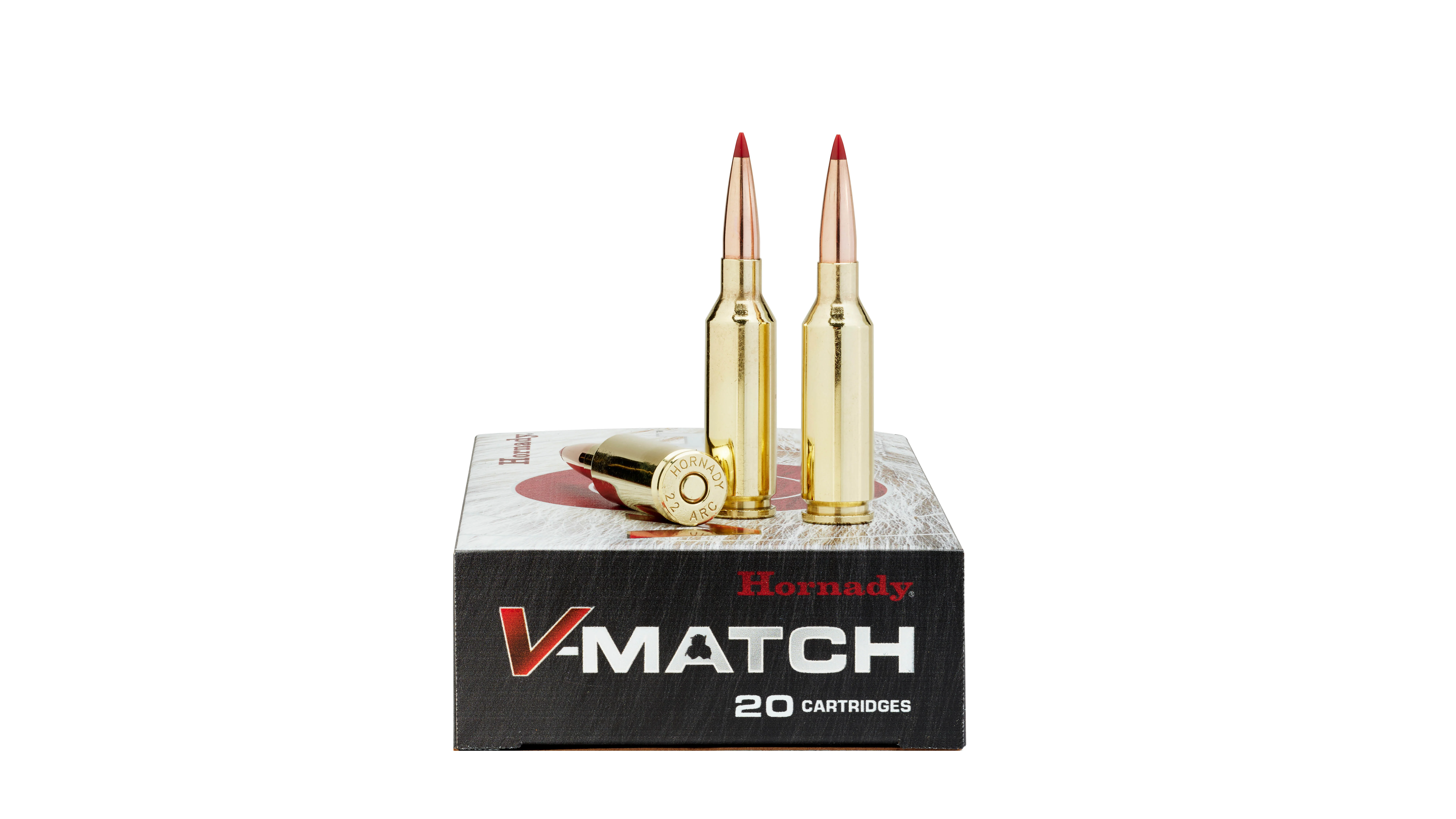 Hornady 22 ARC V-match ammo on a white background.