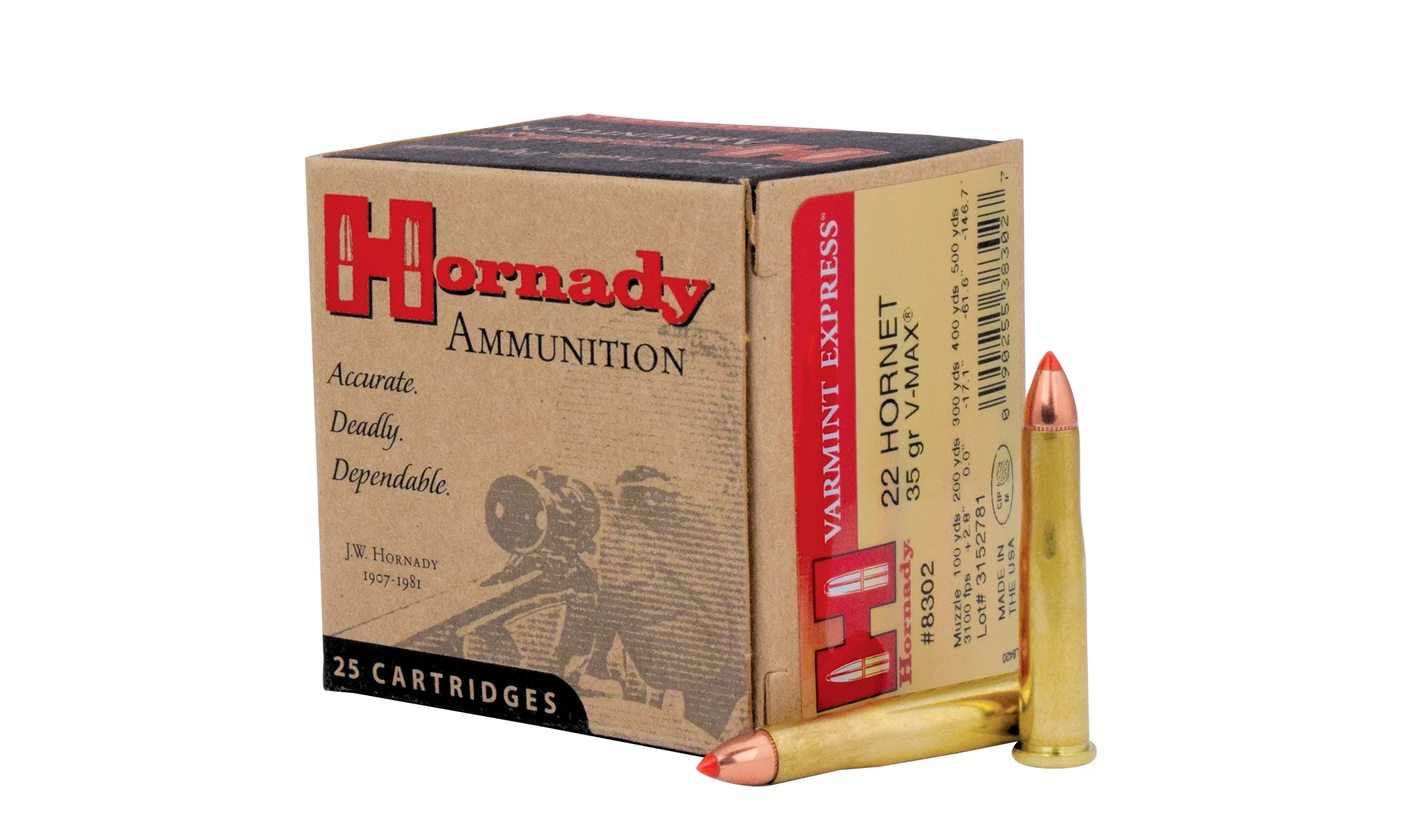 Hornady 22 Hornet ammo on a white background. 