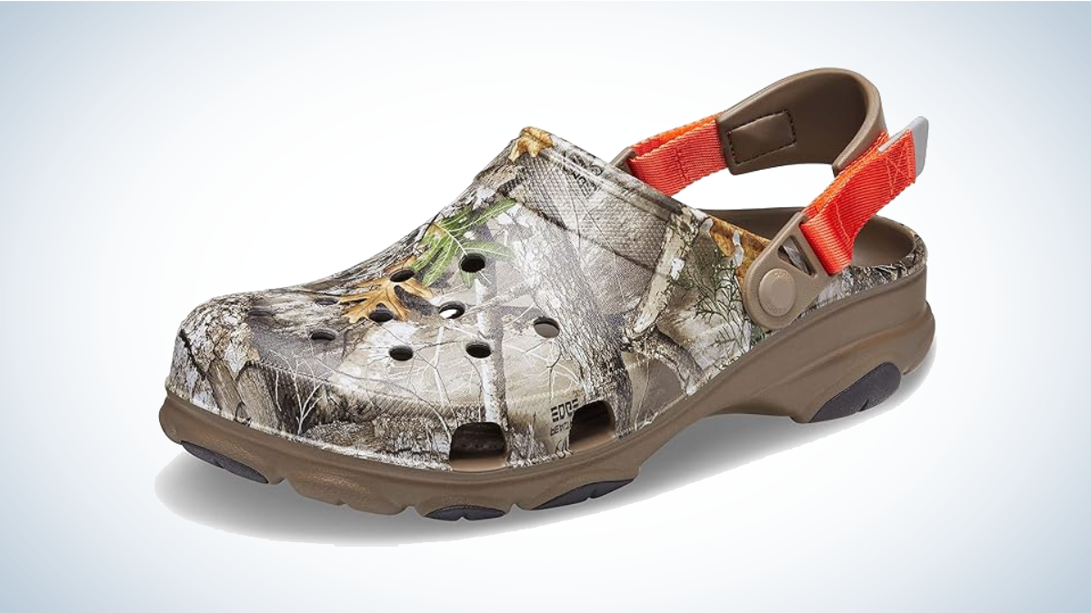 Crocs Camo All-Terrain Clogs on gray and white background