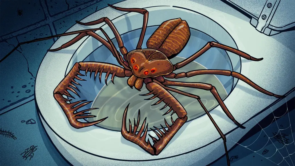 giant insect stretches across toilet seat illustration