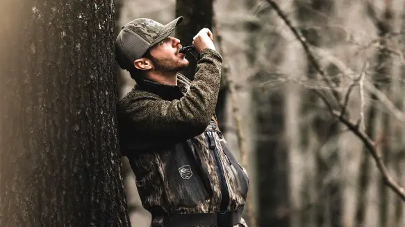 A hunter, leaning up against a tree in flooded timber, calls to incoming ducks.