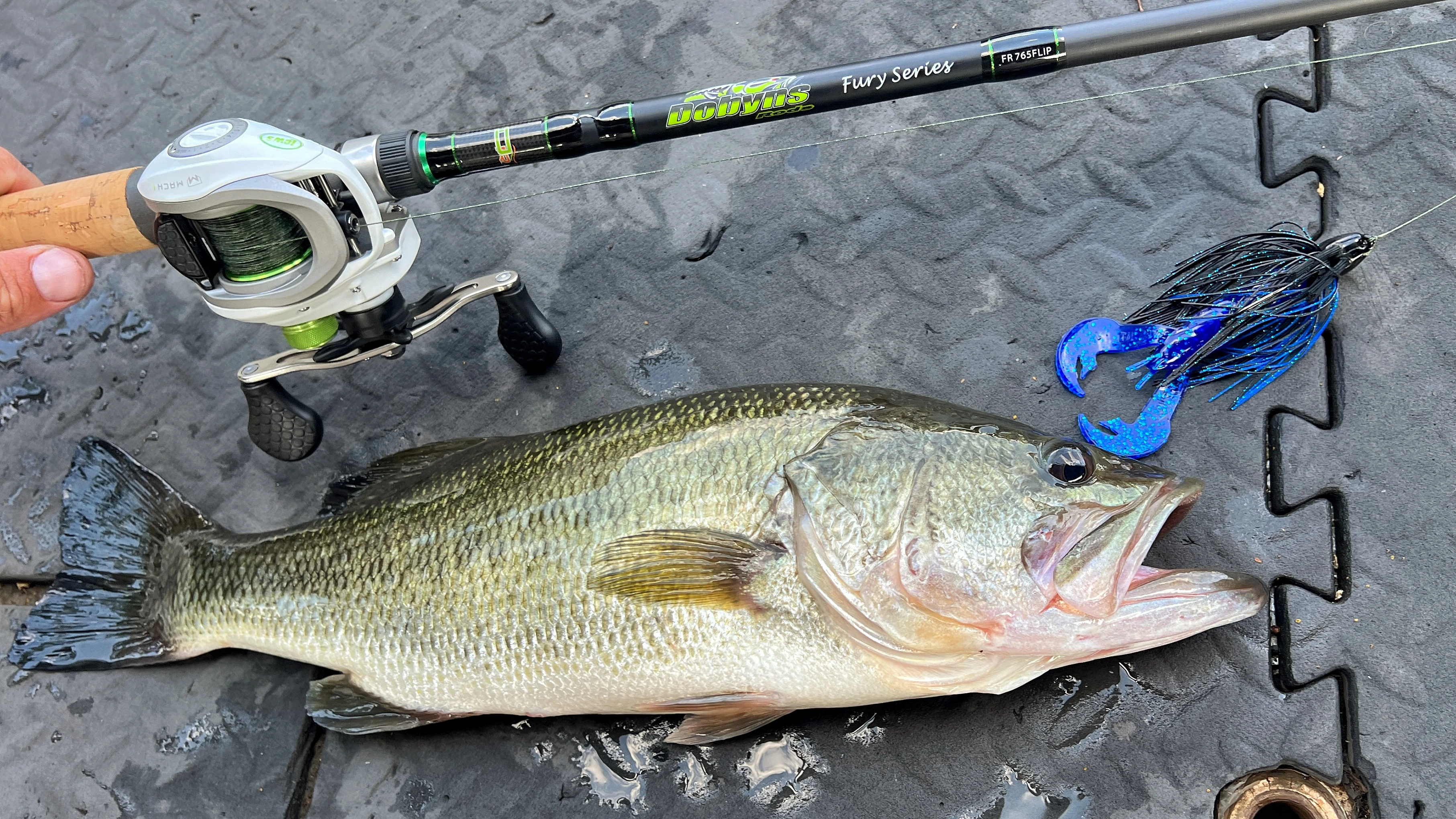 Fishing rod next to largemouth bass on deck of boat