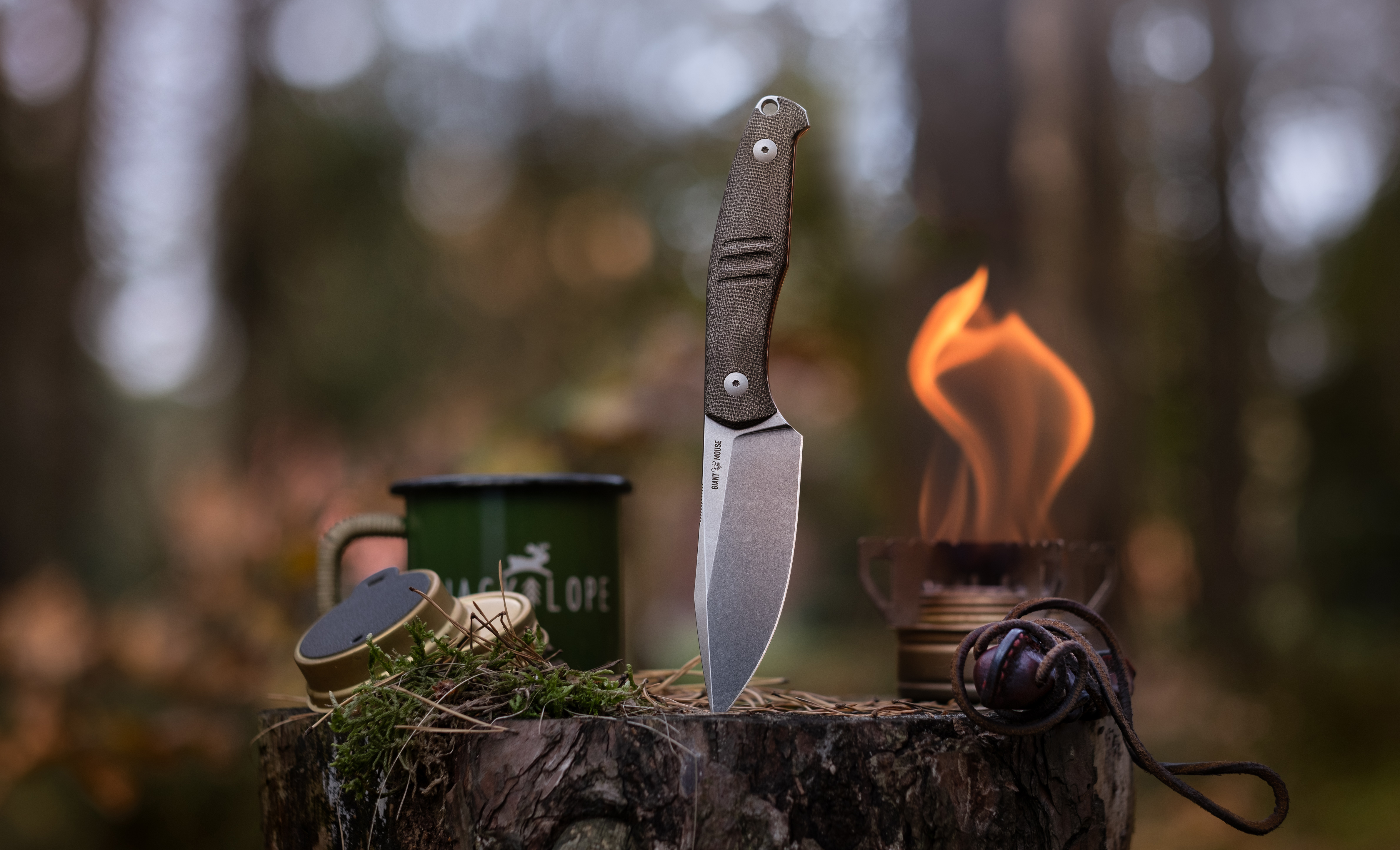 The new Giant Mouse GMF2 Scout knife with the point stuck into a stump in a camp scene.