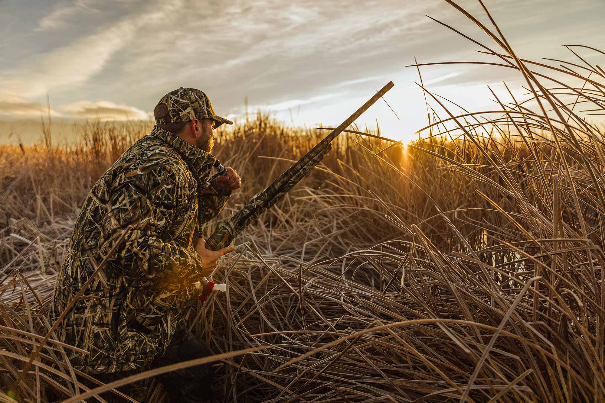 A late-season hunter hides in frosted cattails, waiting for ducks at sunrise.