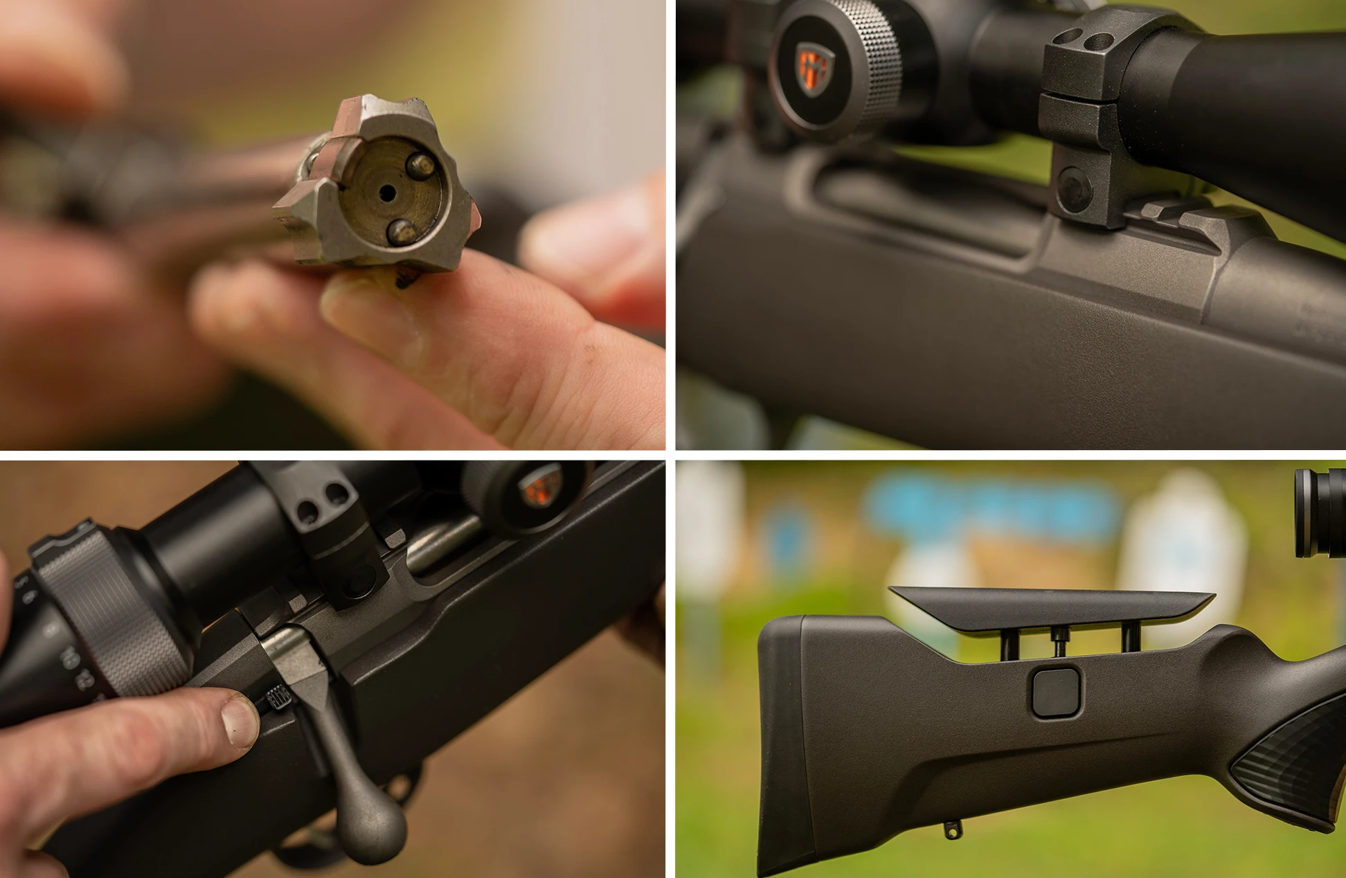 Grid of photos showing the Sako 90 Adventure rifle's bolt, integral scope bases, bolt lock, and adjustable comb. 