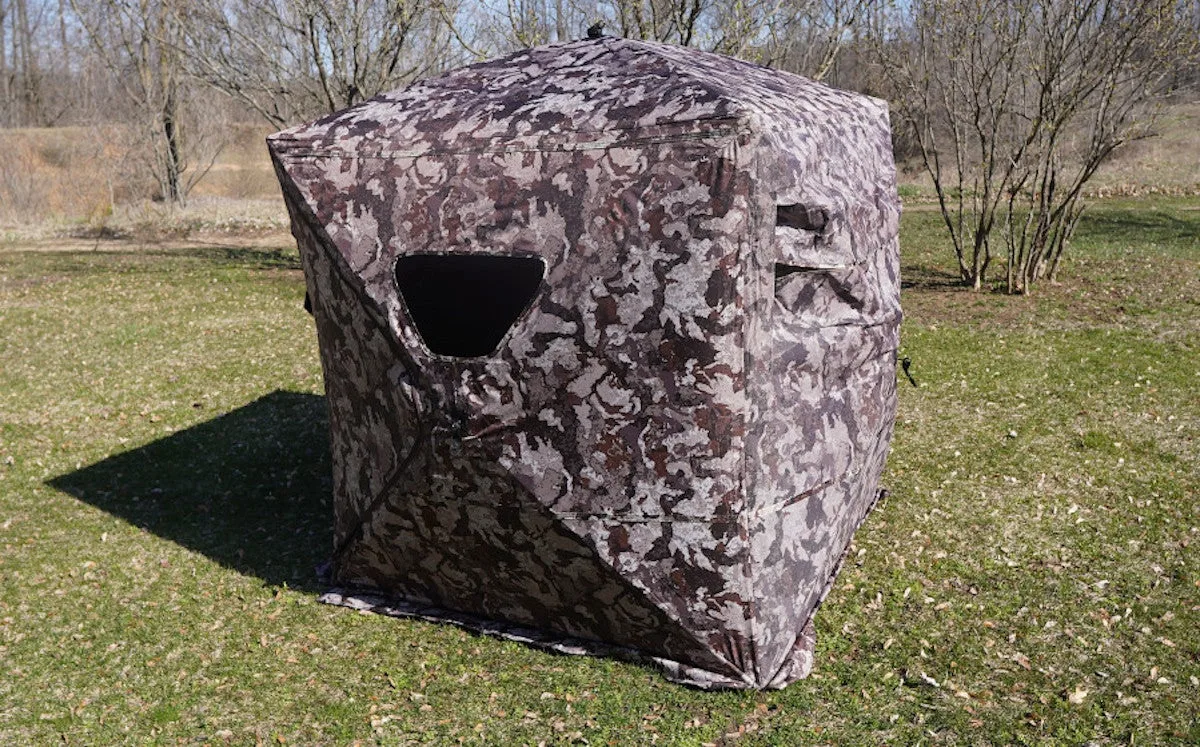 Muddy Prevue 2 Ground Blind set up on grass with open window