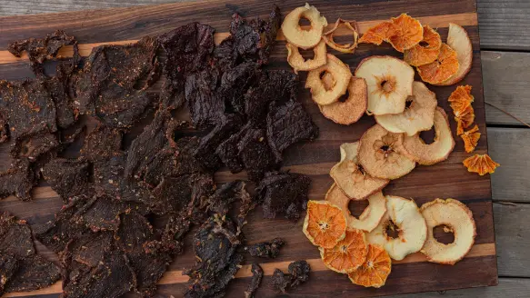 Photo of dehydrated jerkey and fruits