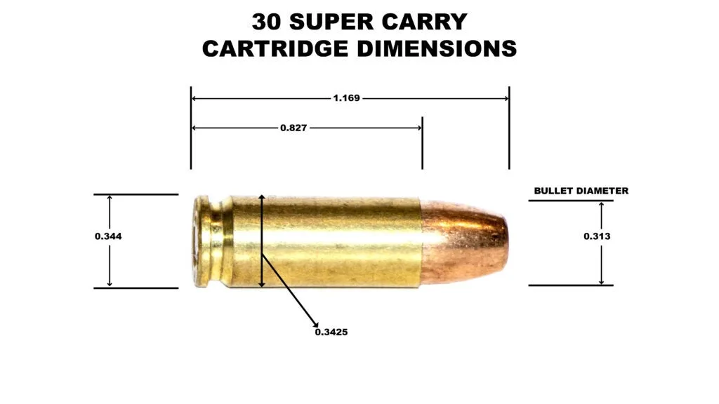 photo of the dimension of 30 Super Carry ammo