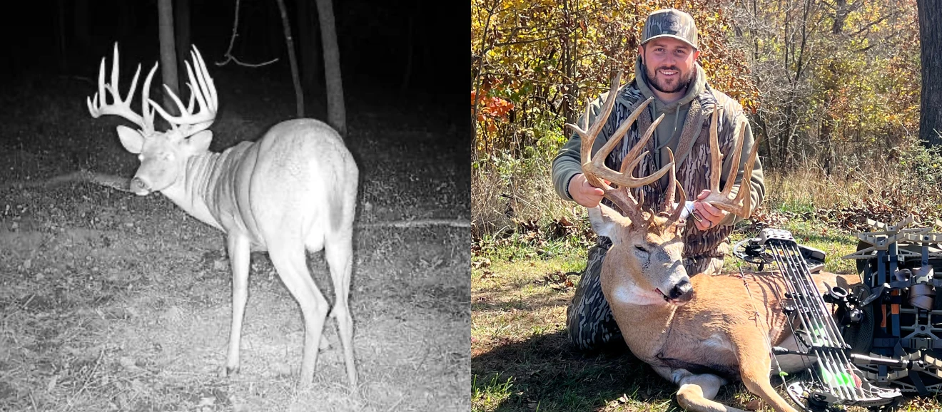 Trail-camera photo of an 200-plus-inch Ohio whitetail buck and a photo of the hunter poses with the same giant whitetail. 