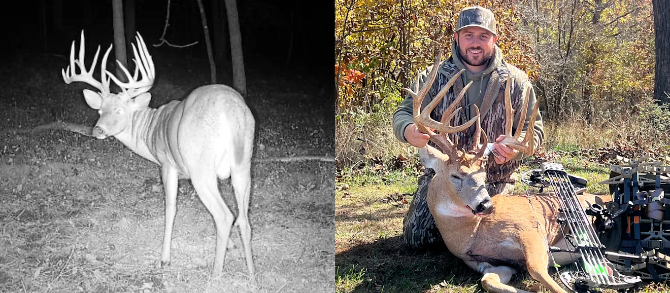 Trail-camera photo of an 200-plus-inch Ohio whitetail buck and a photo of the hunter poses with the same giant whitetail.