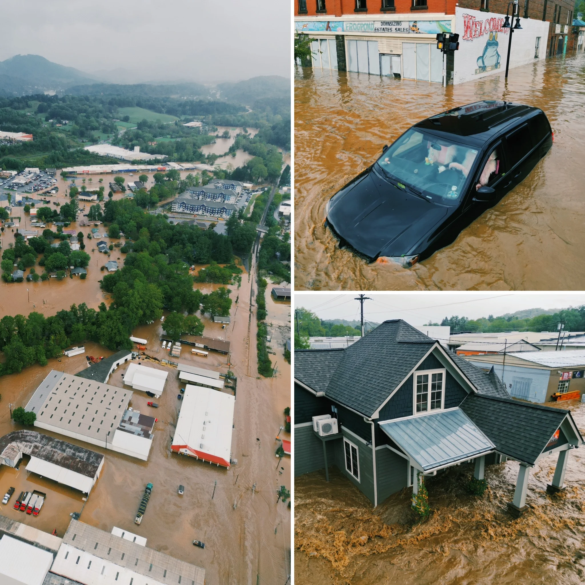 Collage of downtown Asheville after Hurricane Helene