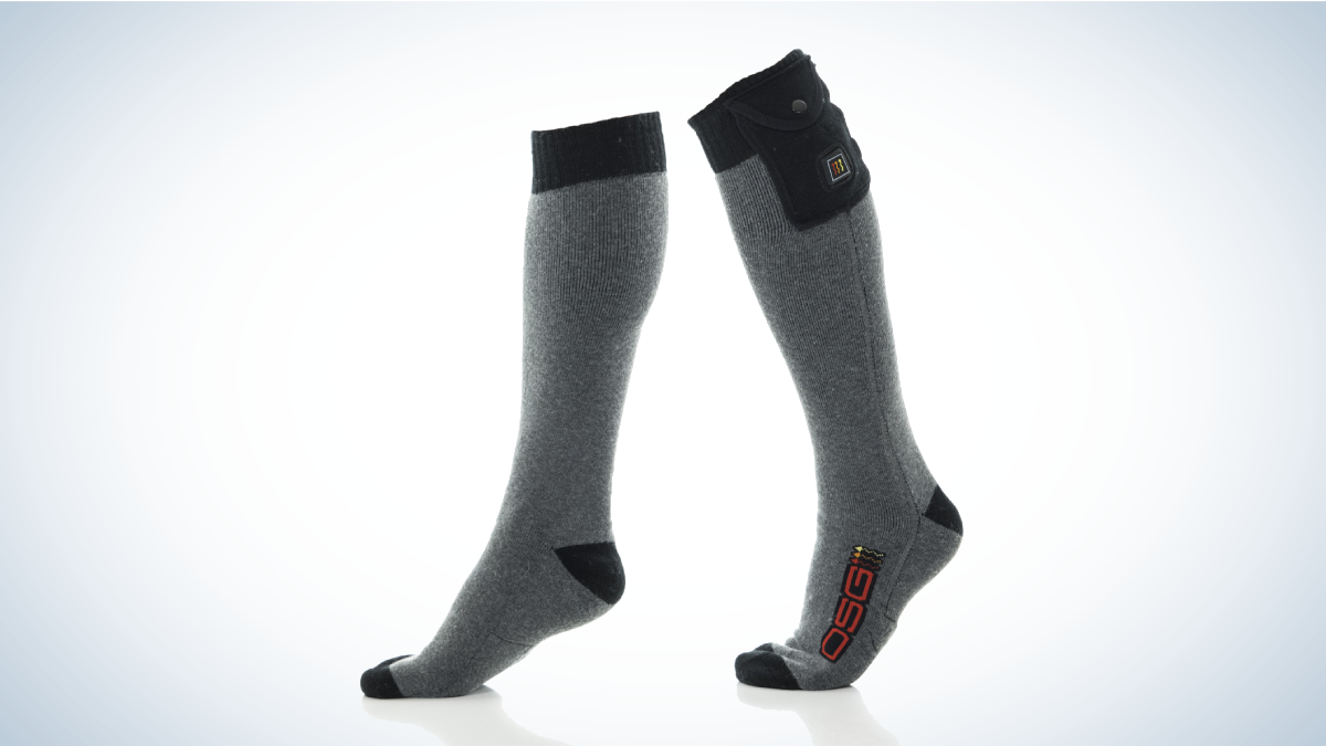 DSG ActionHeat Heated Socks 5V on gray and white background