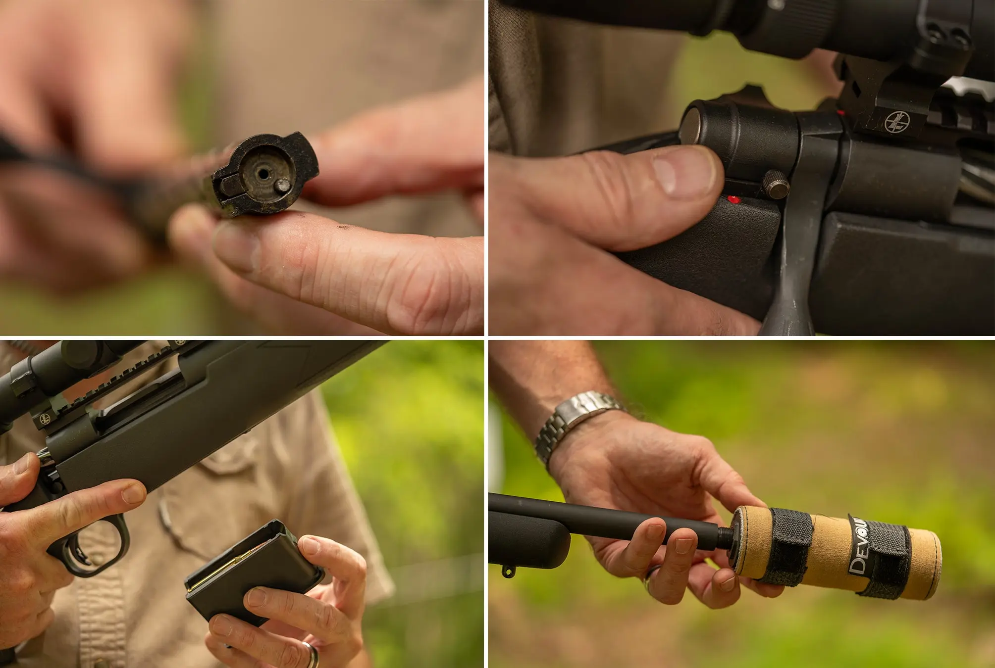 Close-ups of the Mossberg Patriot Predator SF's bolt, safety, magazine, and threaded muzzle. 