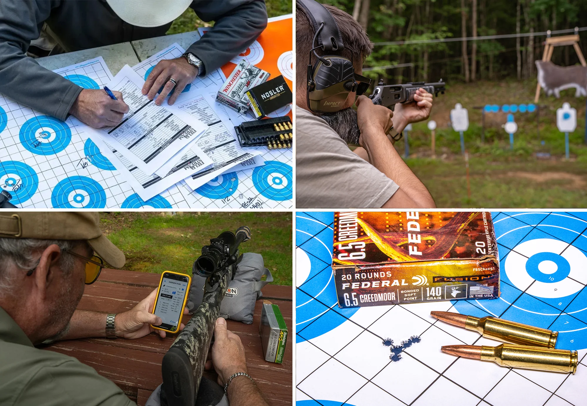 A grid of photos showing measuring rifle groups sizes, shooting at moving deer target, taking chronograph reading, and a tight group.