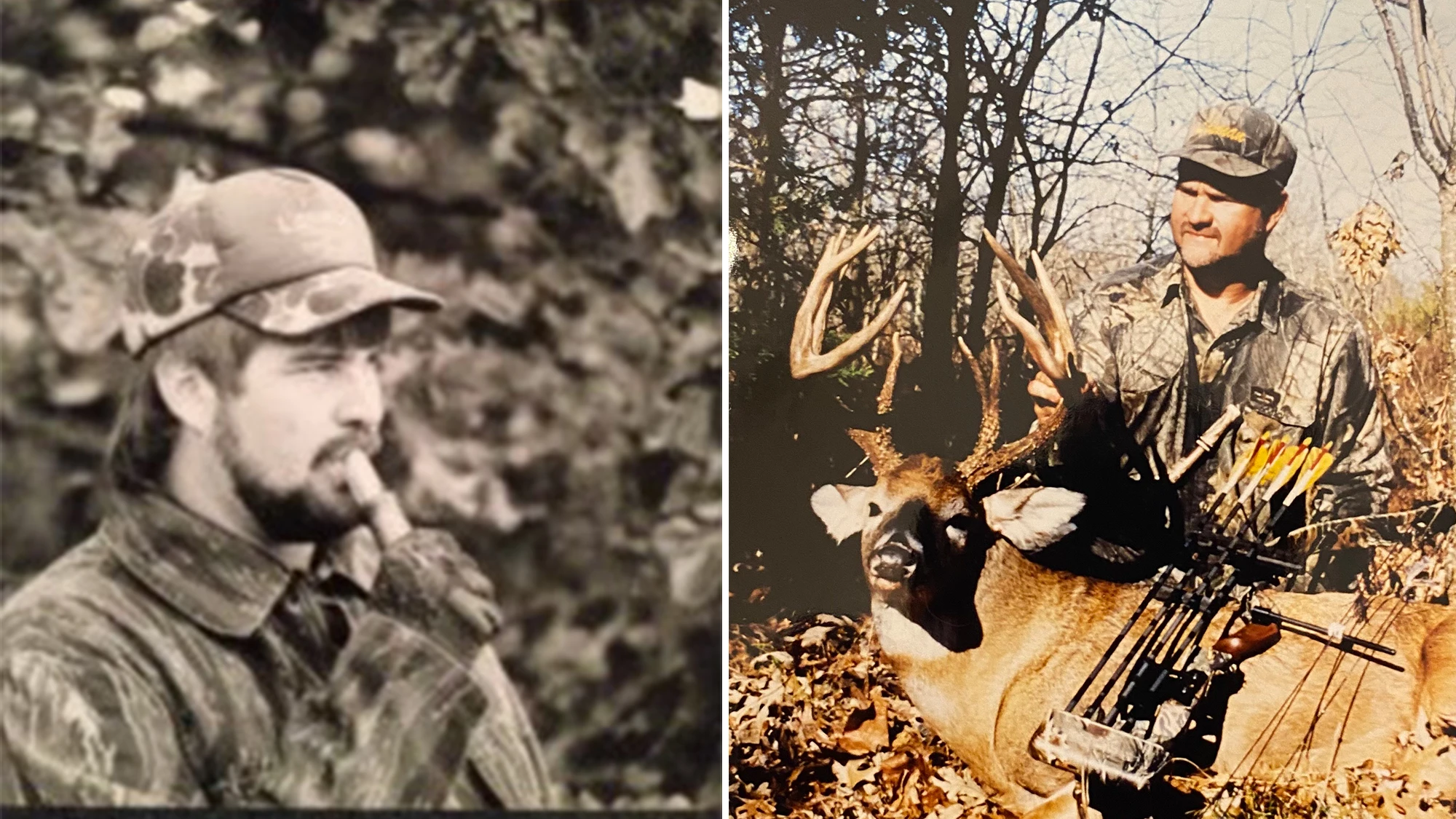 A split photo of well-known hunter Brad Harris working a grunt call and posing with a big buck taken with a bow. 