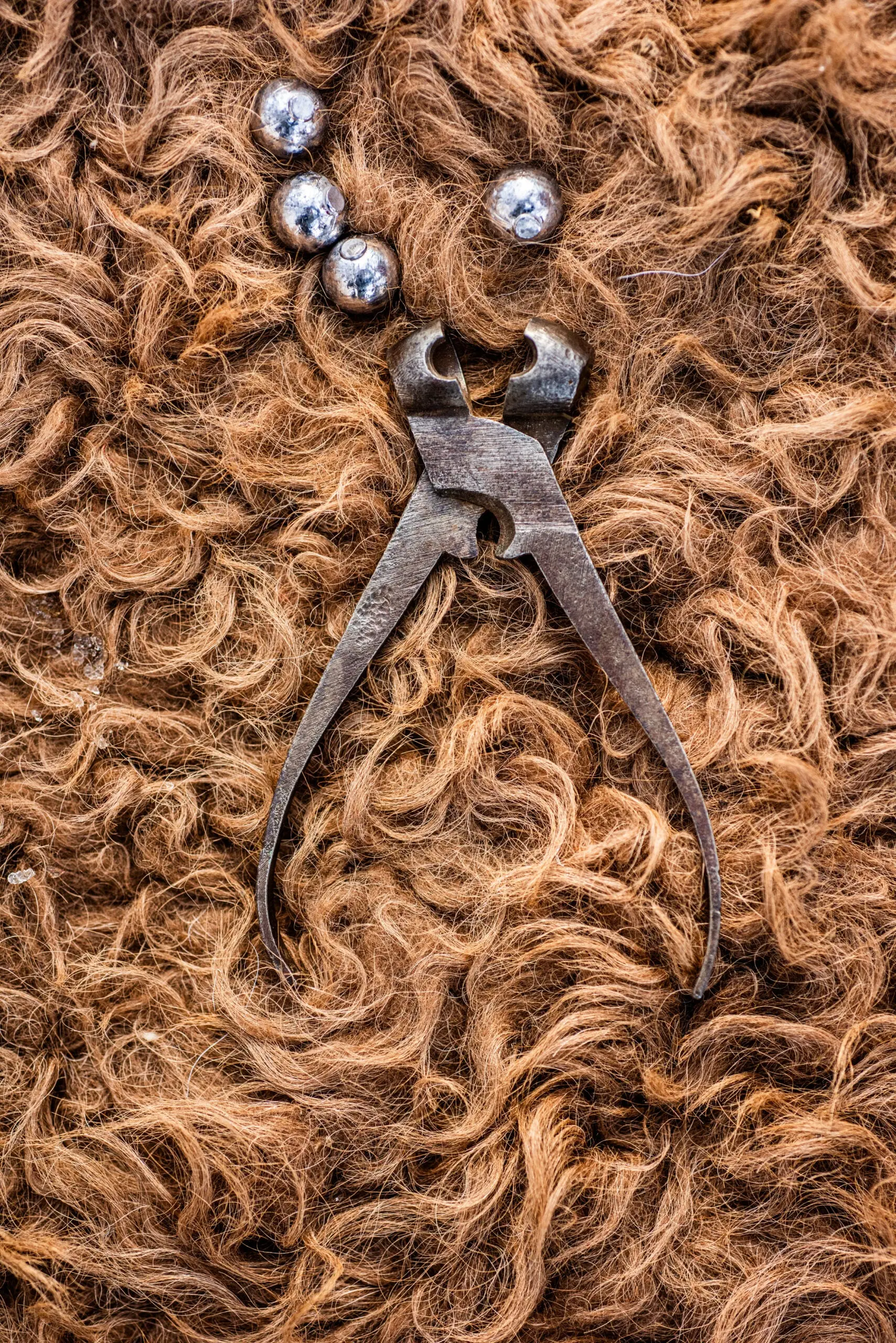 A flintlock hunter's round-ball mold and four balls ready to fire, on a buffalo hide