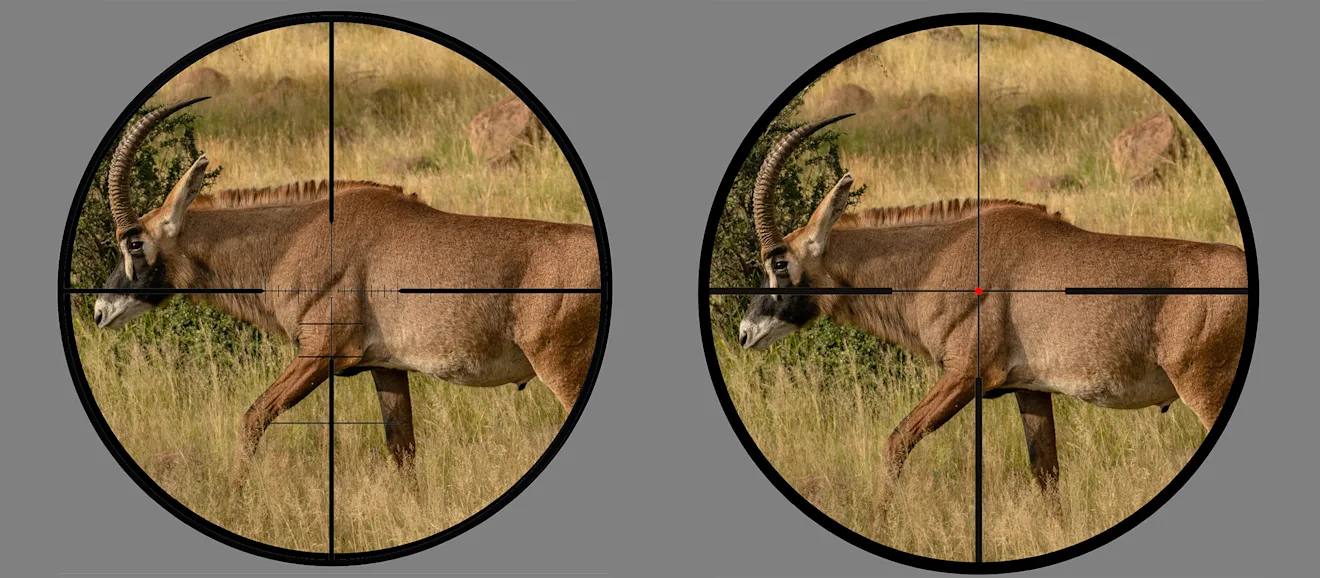African roan seen through two different types of riflescope reticles.