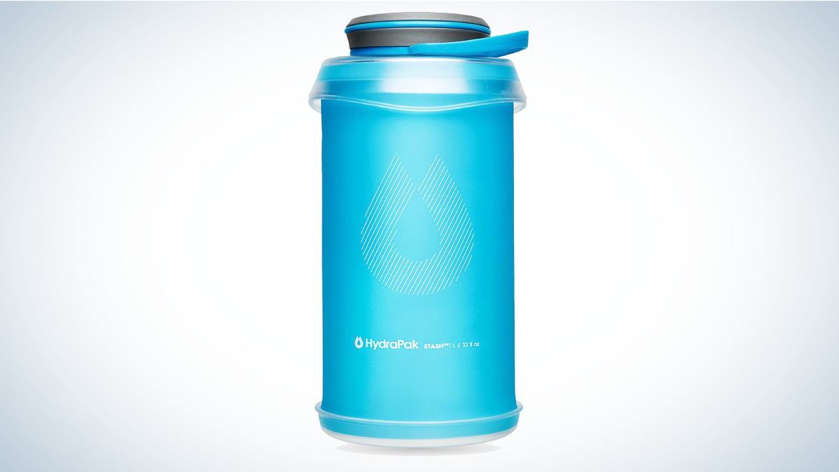 HydraPak Stash Collapsible Water Bottle on gray and white background