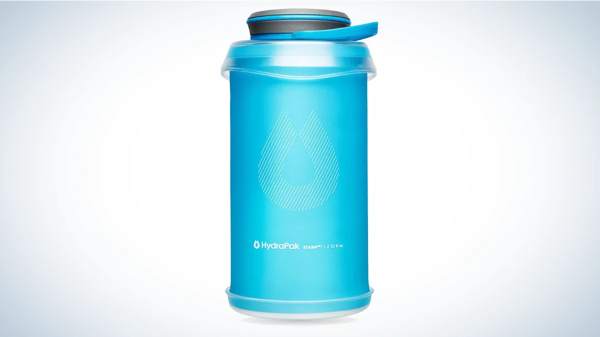 HydraPak Stash Collapsible Water Bottle on gray and white background