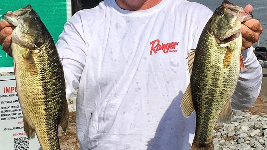 An angler poses with a largemouth and a spotted bass.