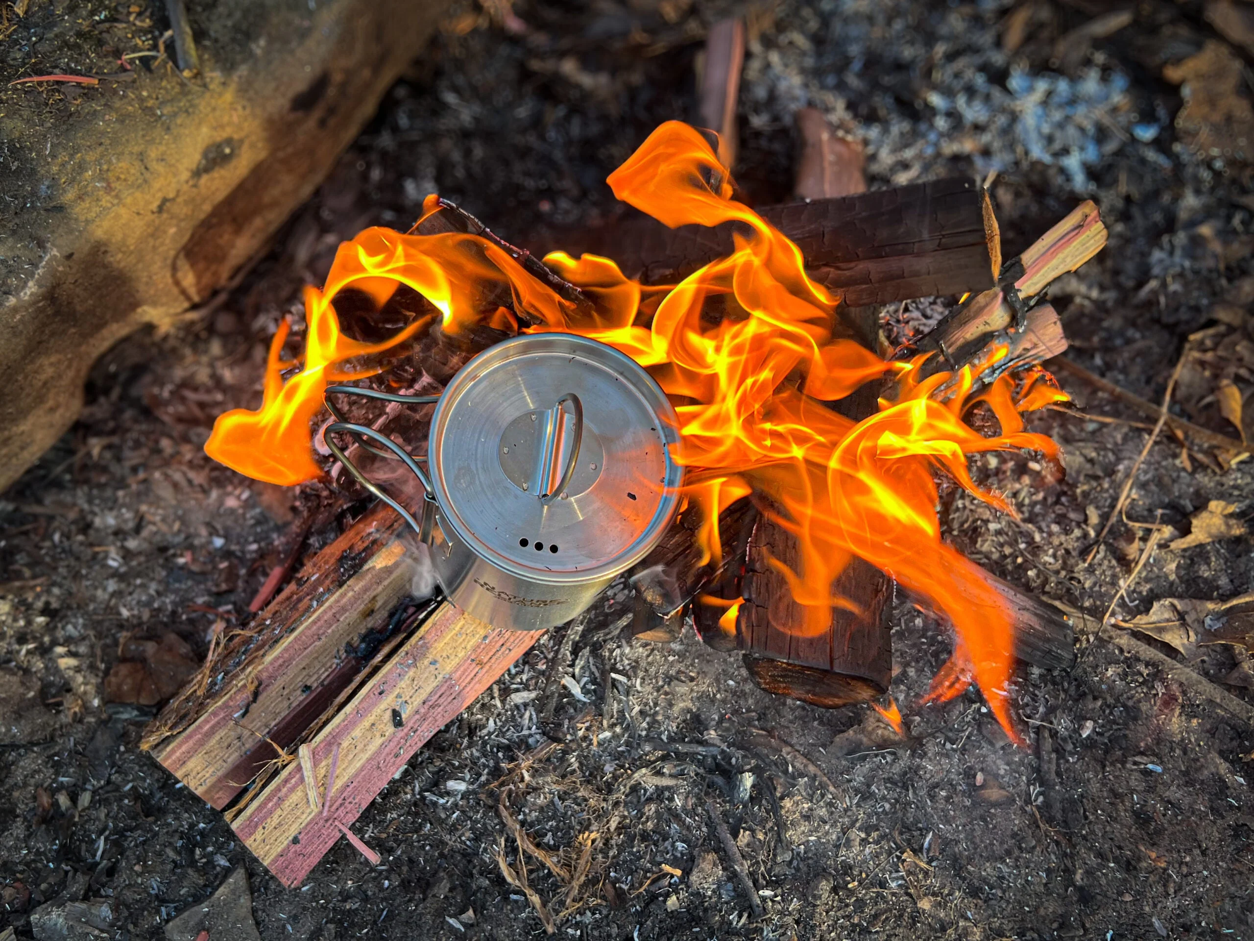 A fire is burning at campsite with two logs