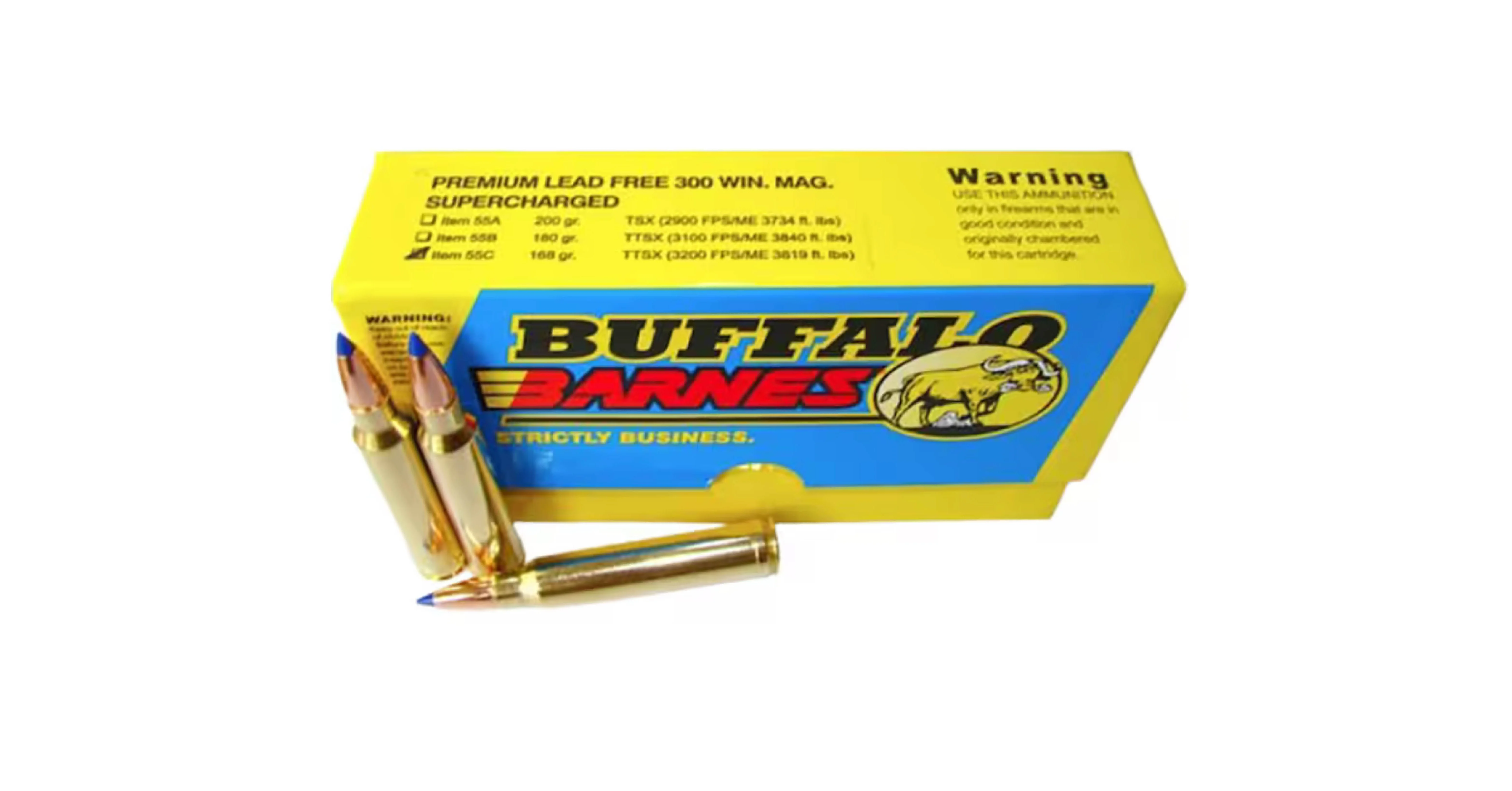 Barnes Supercharged 168-grain Tipped Triple Shock load from Buffalo Bore on white background.