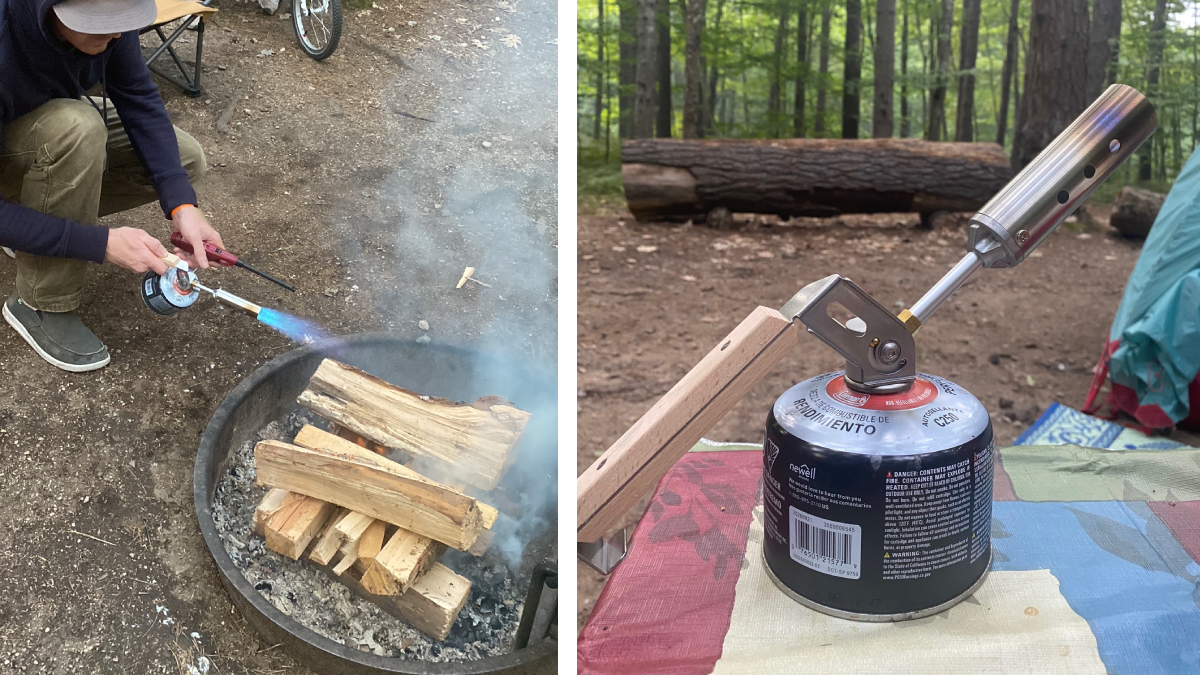 Man lighting campfire with Snow Peak Torch camping lighter