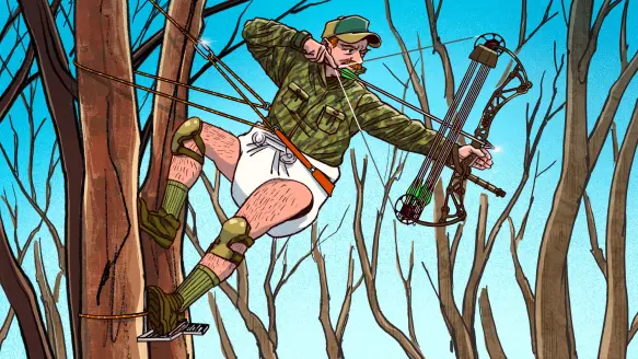 bowhunter wearing diaper aims from tree saddle; illustration