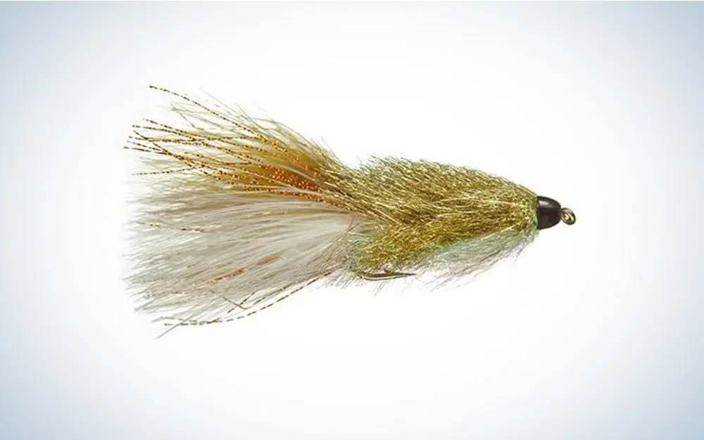 A sparkle minnow streamer fly for trout fishing shown on a gradient background