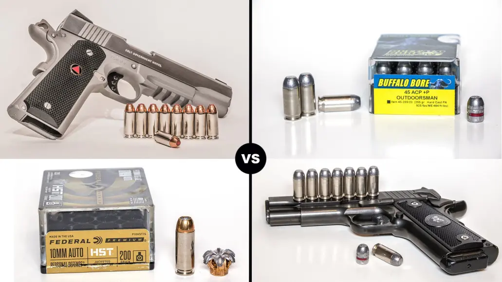 photo showing 10mm gun and ammo on left and 45 acp gun and ammo on right