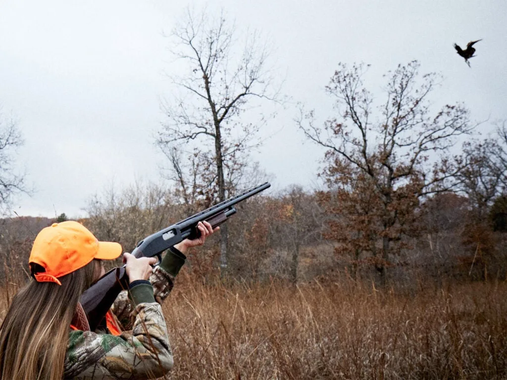 A woman hunter in camoflauge and an orange hat aims a shotgun at a pheasant in an open field.