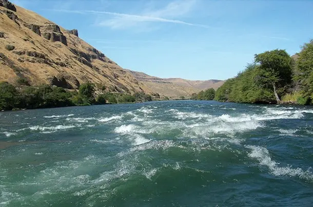 A landscape photo of the Deschutes River rapids. Water crests over itself in a rushing river.