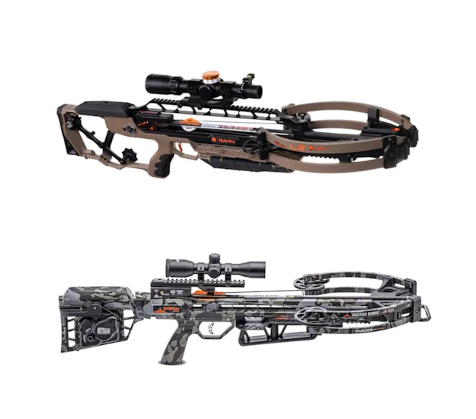 New Ravin and TenPoint crossbows on a white background. 