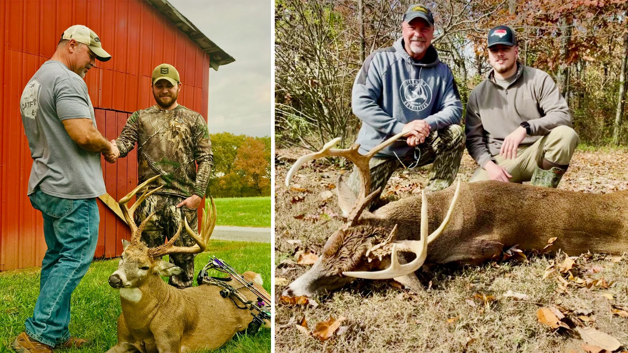 Two photos of Kentucky deer hunting guide Mark Clifford with clients who took giant bucks.