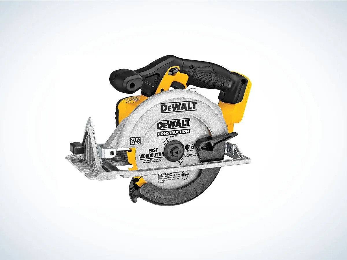 A 6-1/2 inch yellow DeWalt cordless circular saw.