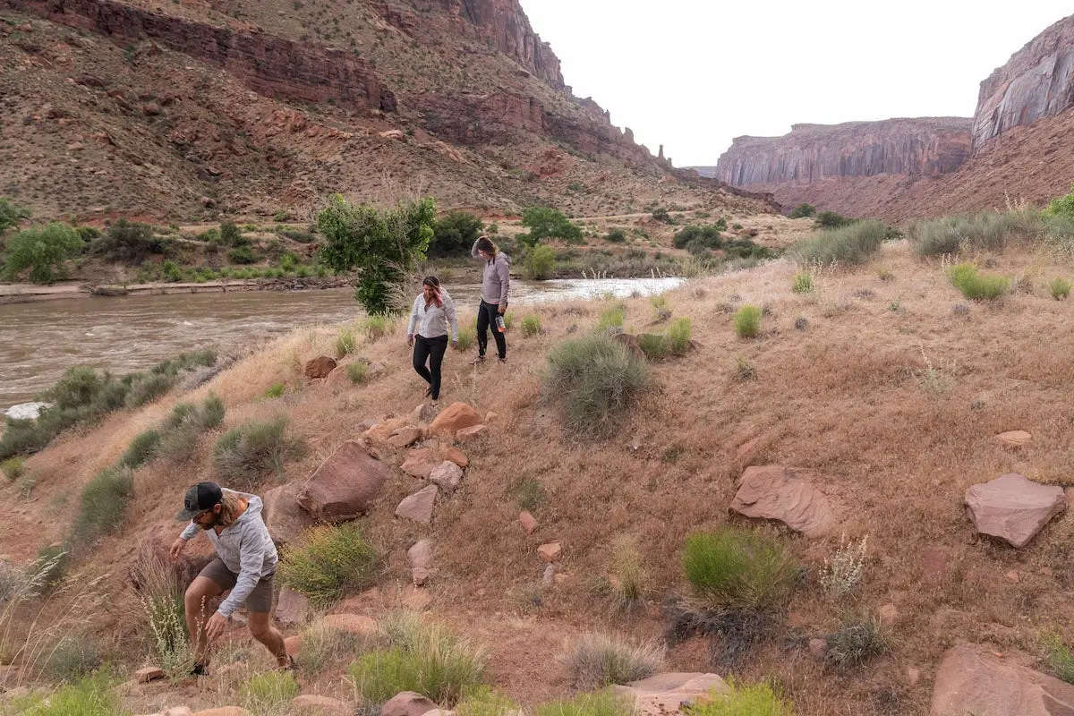 Hikers wearing Free Fly jackets in canyon