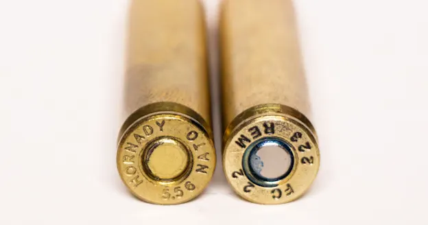 A 556 cartridge on the right and 223 cartridge on the left, against a white background.