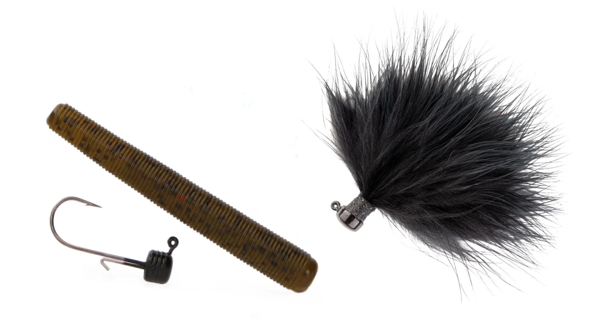 A Ned rig and a black marabou jig on a white background. 