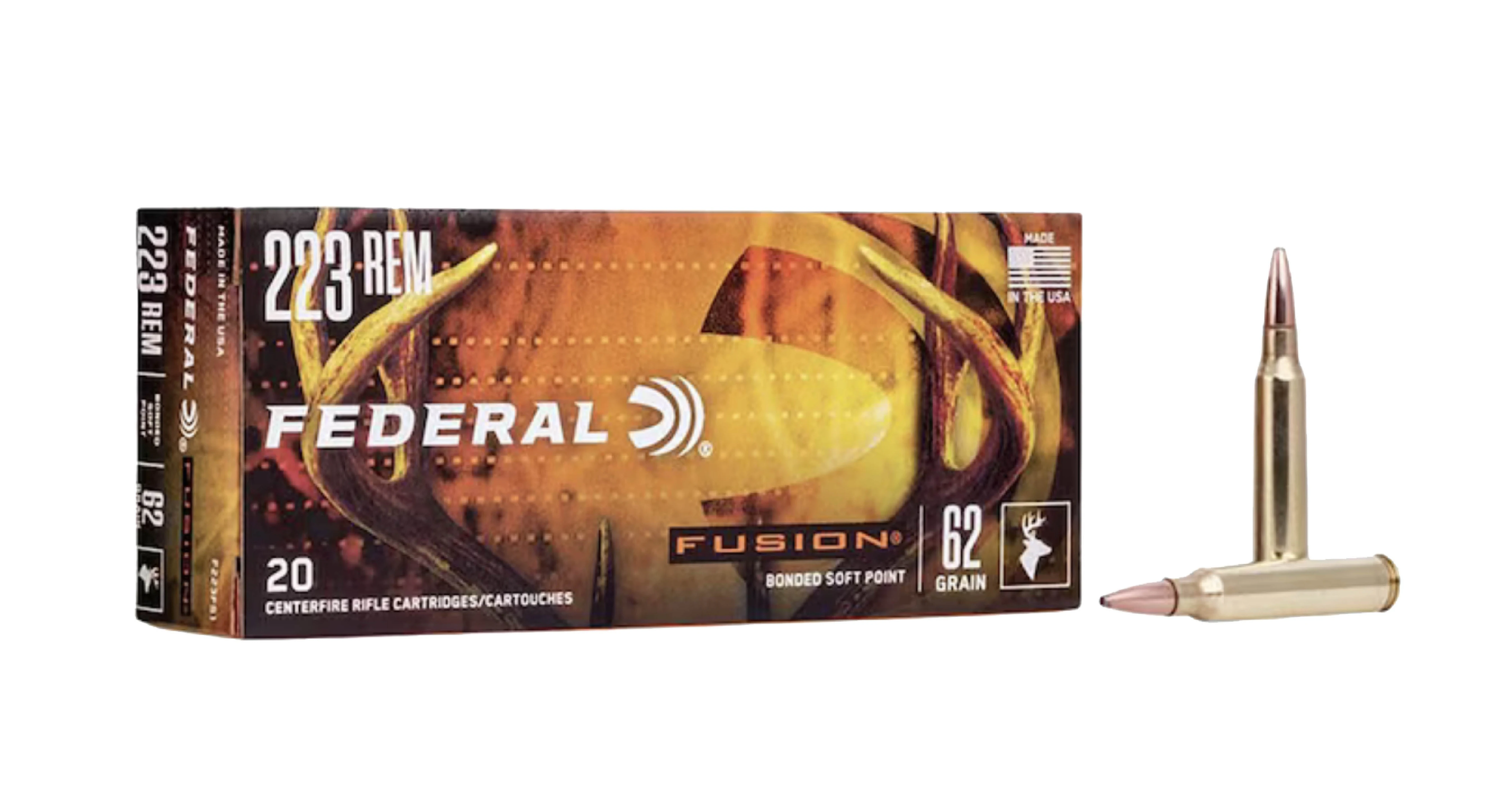 Federal Fusion load for the 223 Remington on a white background. 