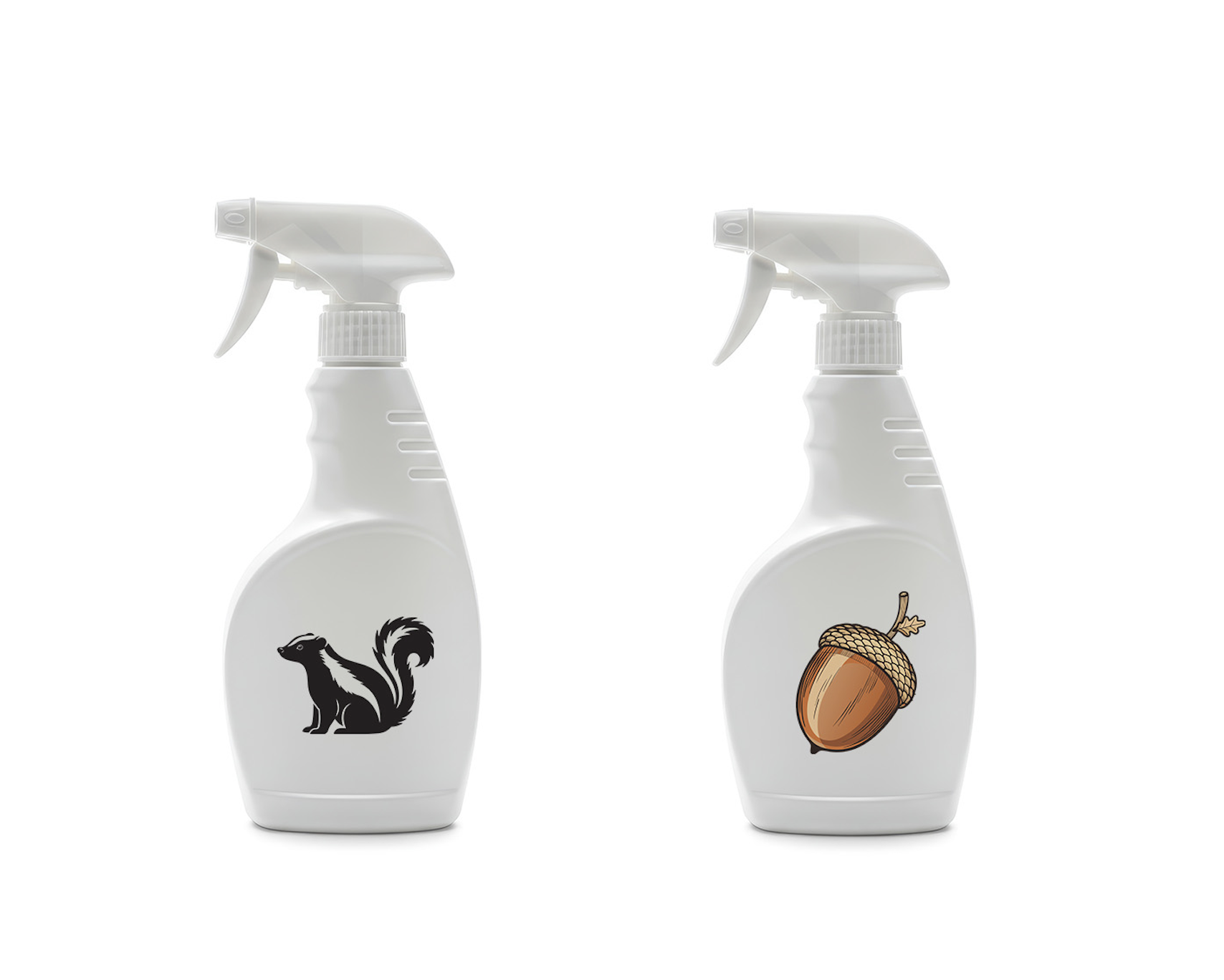 Spay bottles of skunk and acorn cover scent on white background. 