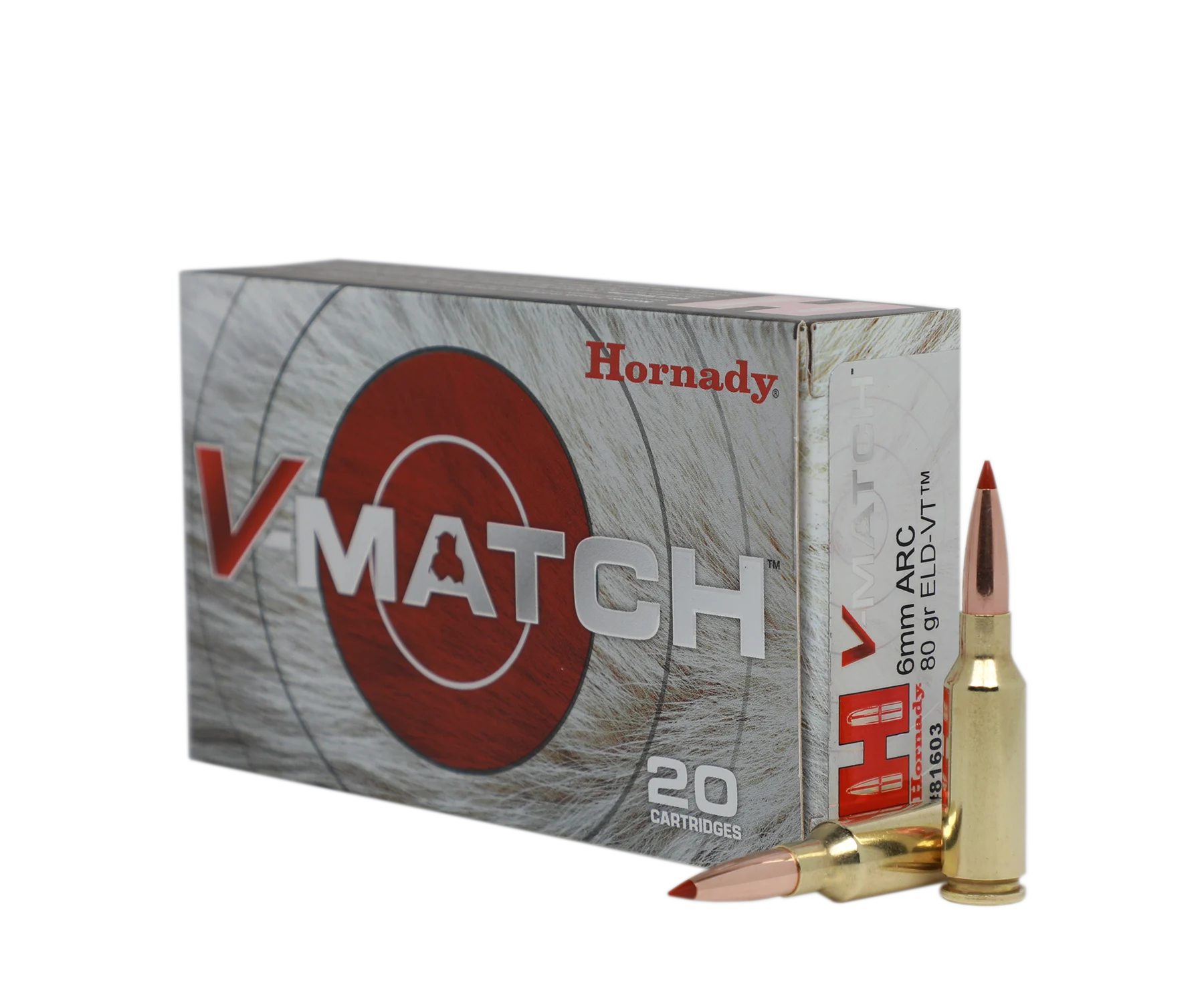 Hornady 6mm ARC ammo on a white background. 