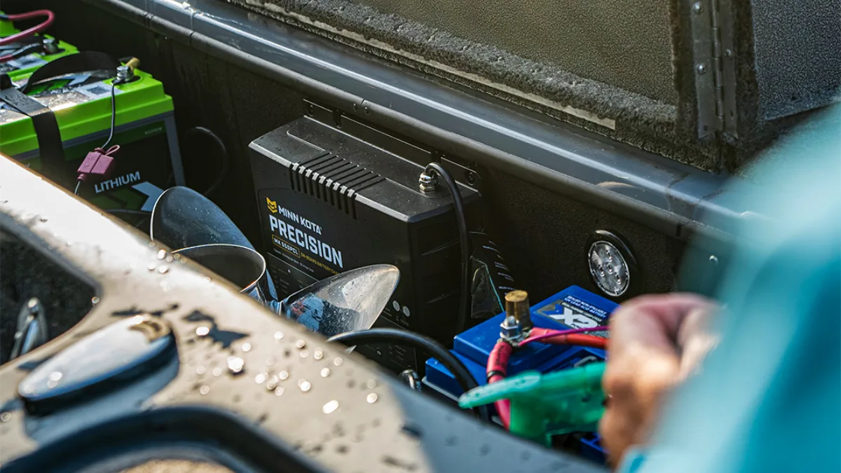 Trolling motor battery wired up to Minn Kota Precision charger on boat